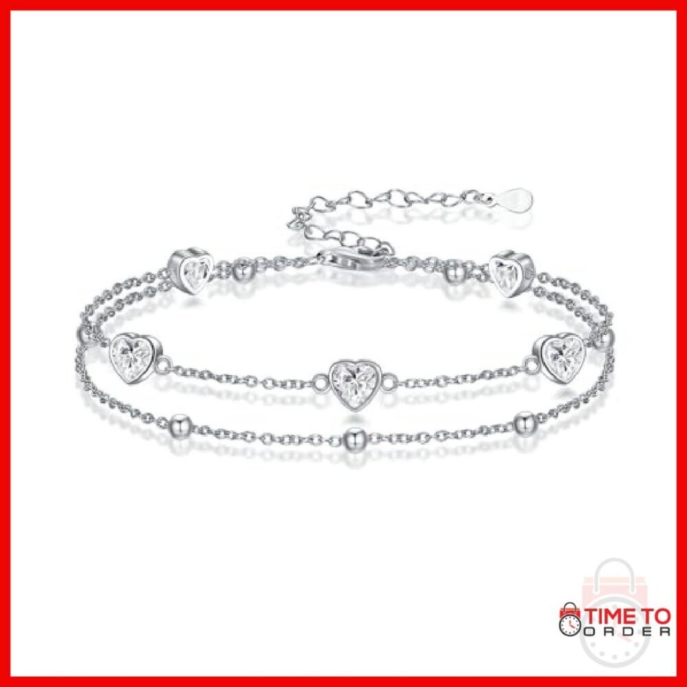 Sterling Silver Double Strand Heart Anklet with Birthstone Charm - Picture 2 of 8